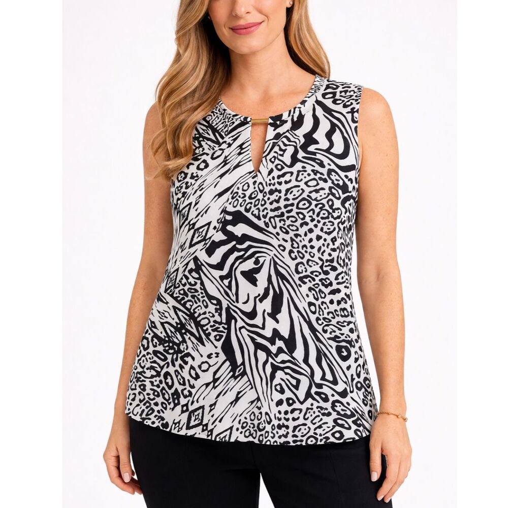 Kasper Animal Print Sleeveless Top  Black White S